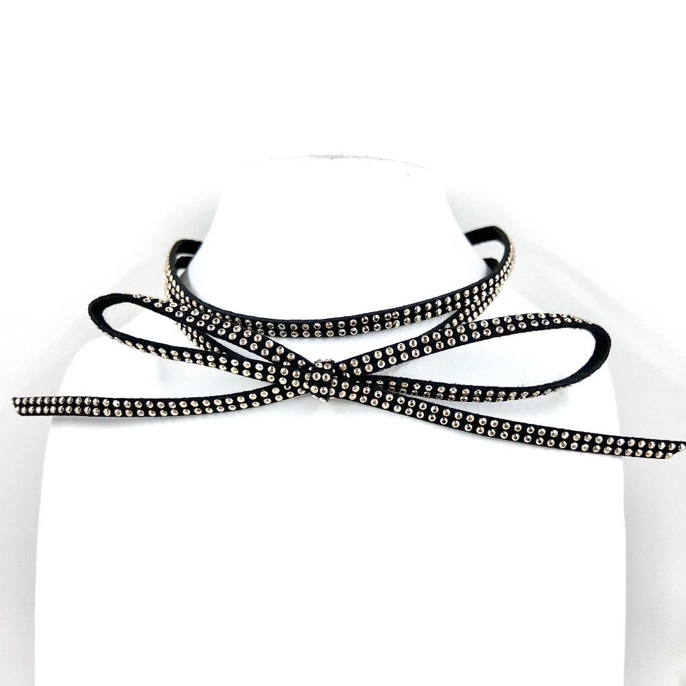 Cute Black & Gold Tone Large Bow Two Strand 12” Choker Necklace